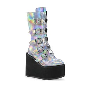 Demonia Swing 230 Silver Hologram Heart Buckle Platform Knee High Boots Size 7